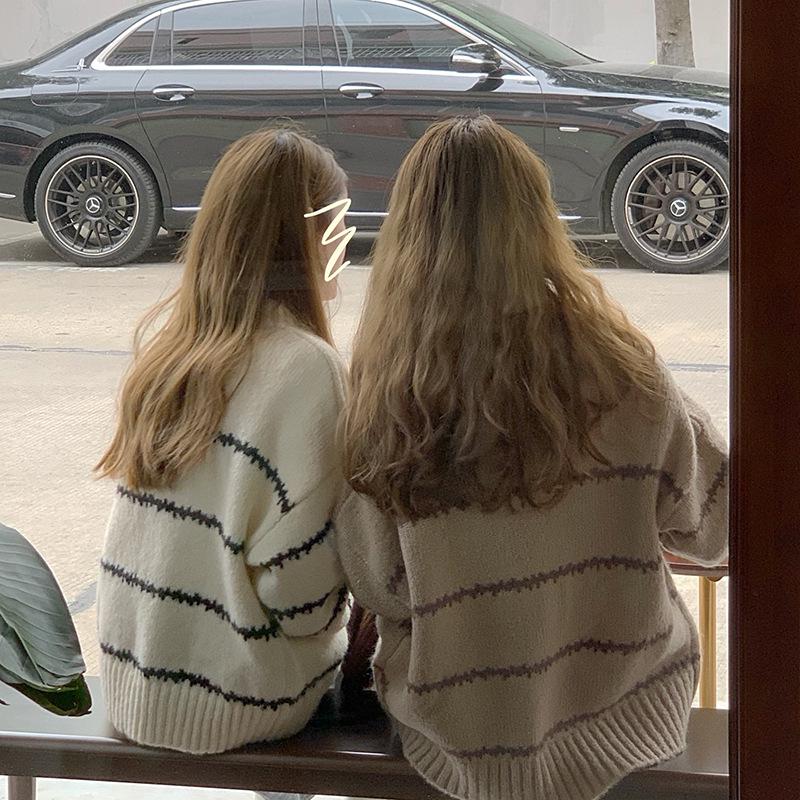 2023 Retro Japanese Striped Half-High Collar Sweater for Women: Thick, Loose, and Long-Sleeved for Autumn and Winter