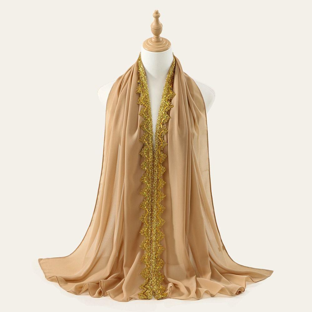 Headwraps Silk Chiffon Hijab Scarf Gold Long Sequin Wraps Shawl All-march Wide Islamic Turban Beach