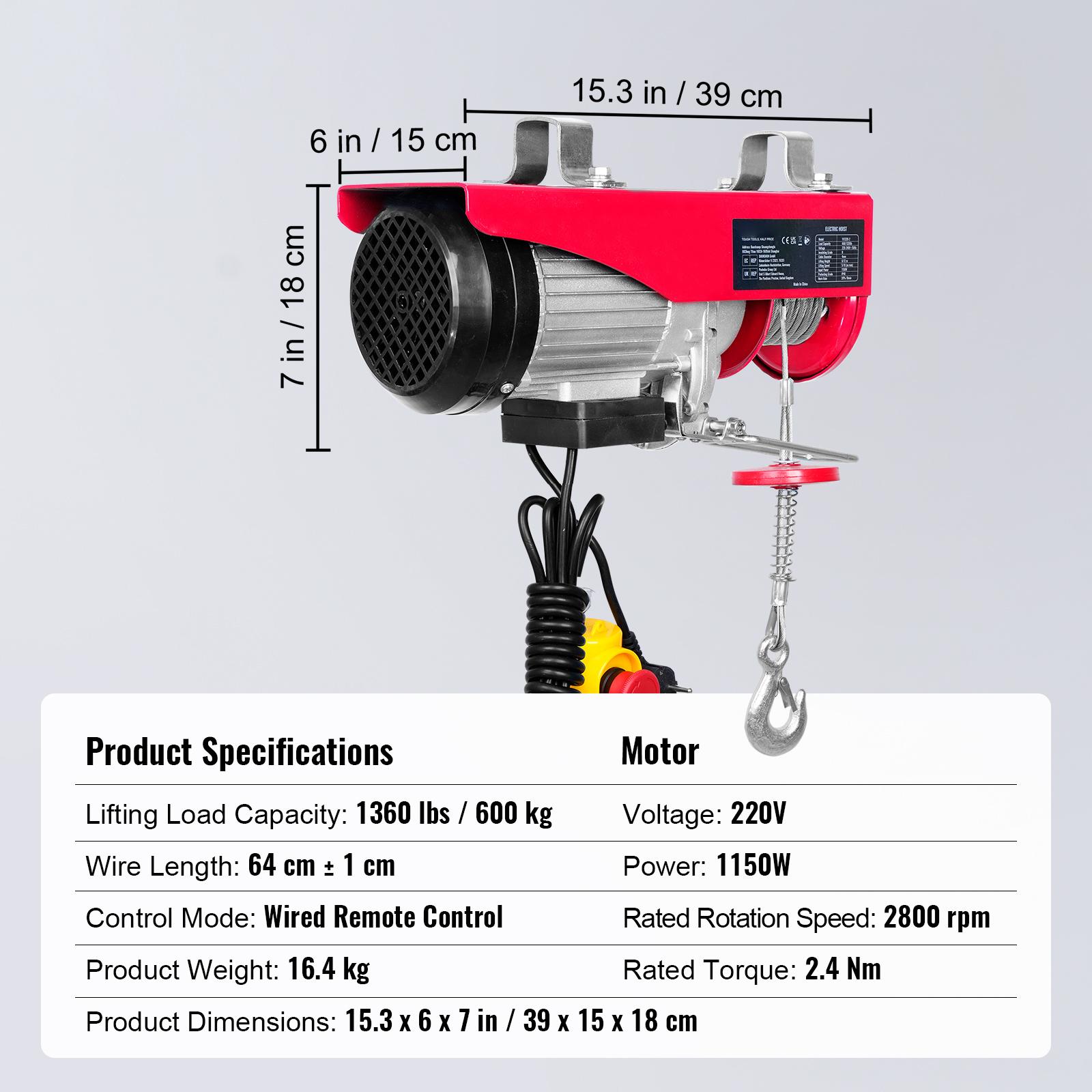 

SucceBuy 550-2200 фунтов Проводная электрическая таль Стальной трос Лебедка с 40-футовой одинарной высотой подъема троса для гаража, склада, завода