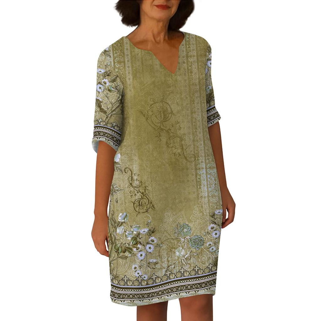 Dresses For Womens Vintage Print Tunic Waisted Midi Dress Summer Casual  Half Sleeve Dress