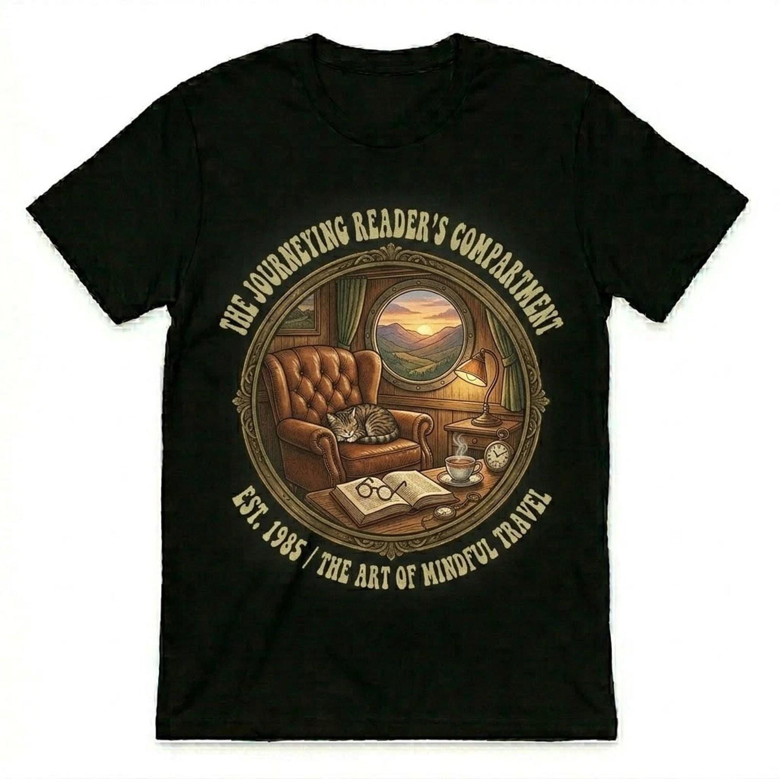 Cat Book Lover Vintage T-Shirt Graphic Tee Funny Reading Travel Gift Mens Womens L
