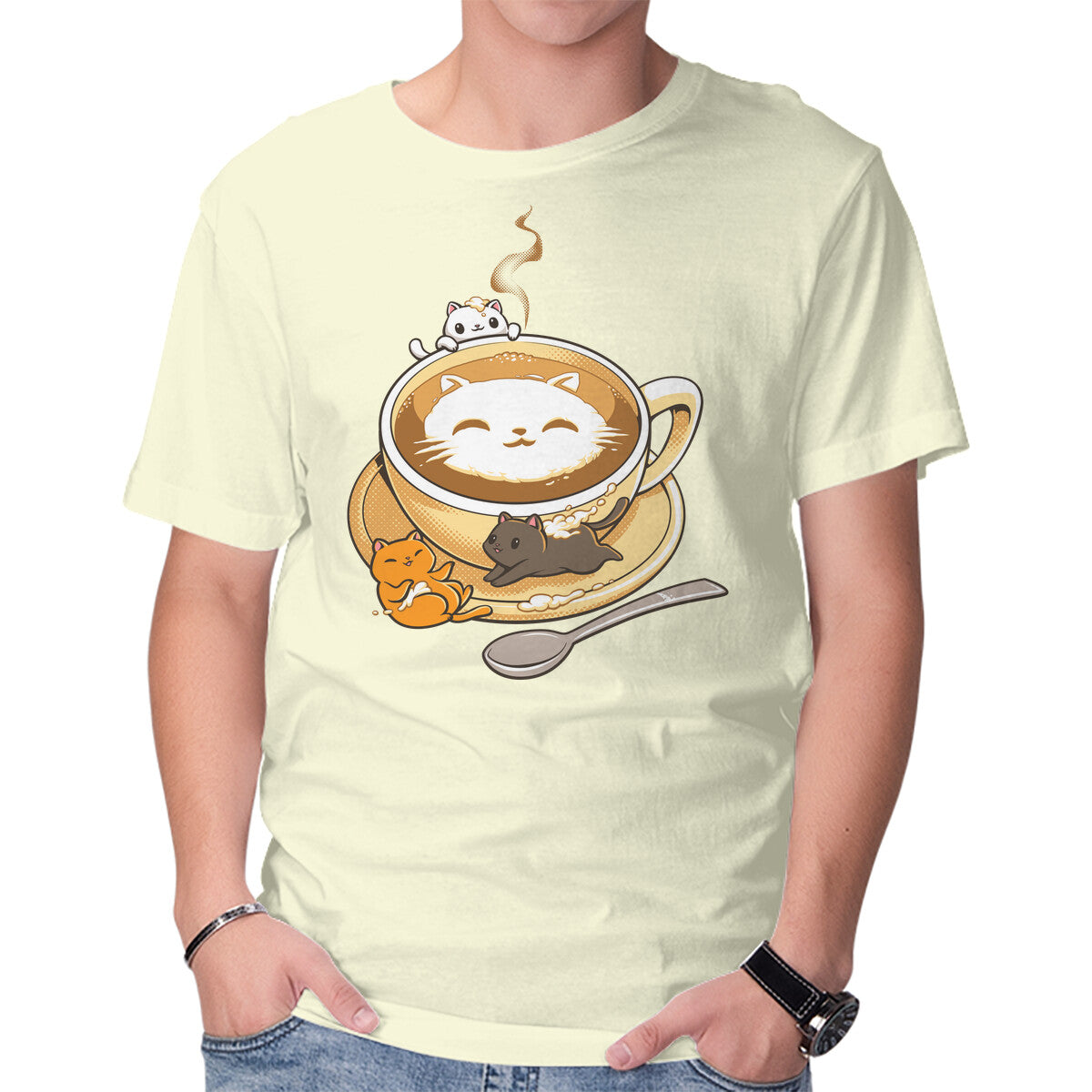 Unisex Crew Neck T-Shirt Latte Cat Graphic Short Sleeve Casual Tee XXXL