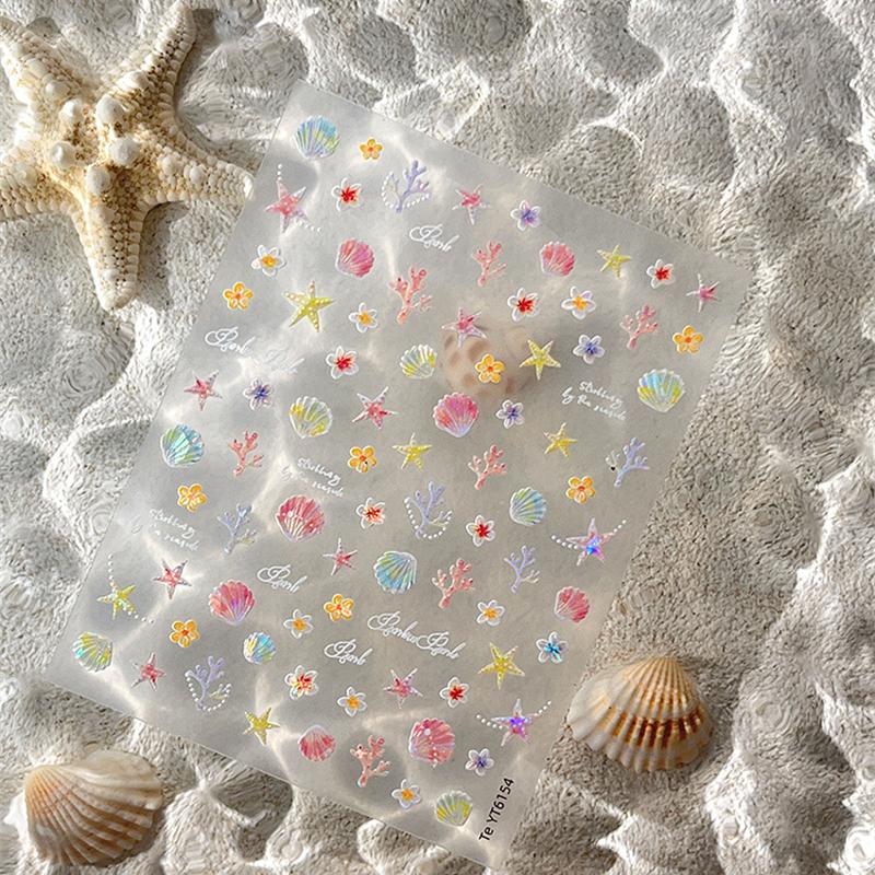 Ocean Theme 5D Nail Sticker Summer Beach Seashells Starfish Conch Scallop Shell Coral Self Adhesive Decoration Manicure Decal