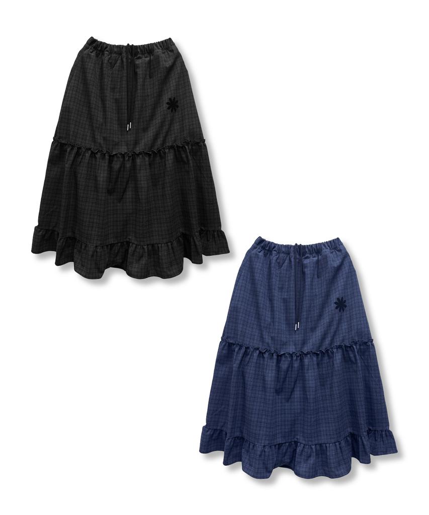 Damiswi Vintage Check Frill Long Skirt_Blue