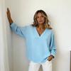 Yousheng Women Tops V Neck Long Sleeve Loose Fit Pullover Tops Solid Color Casual Blouse Work Party Date Wear
