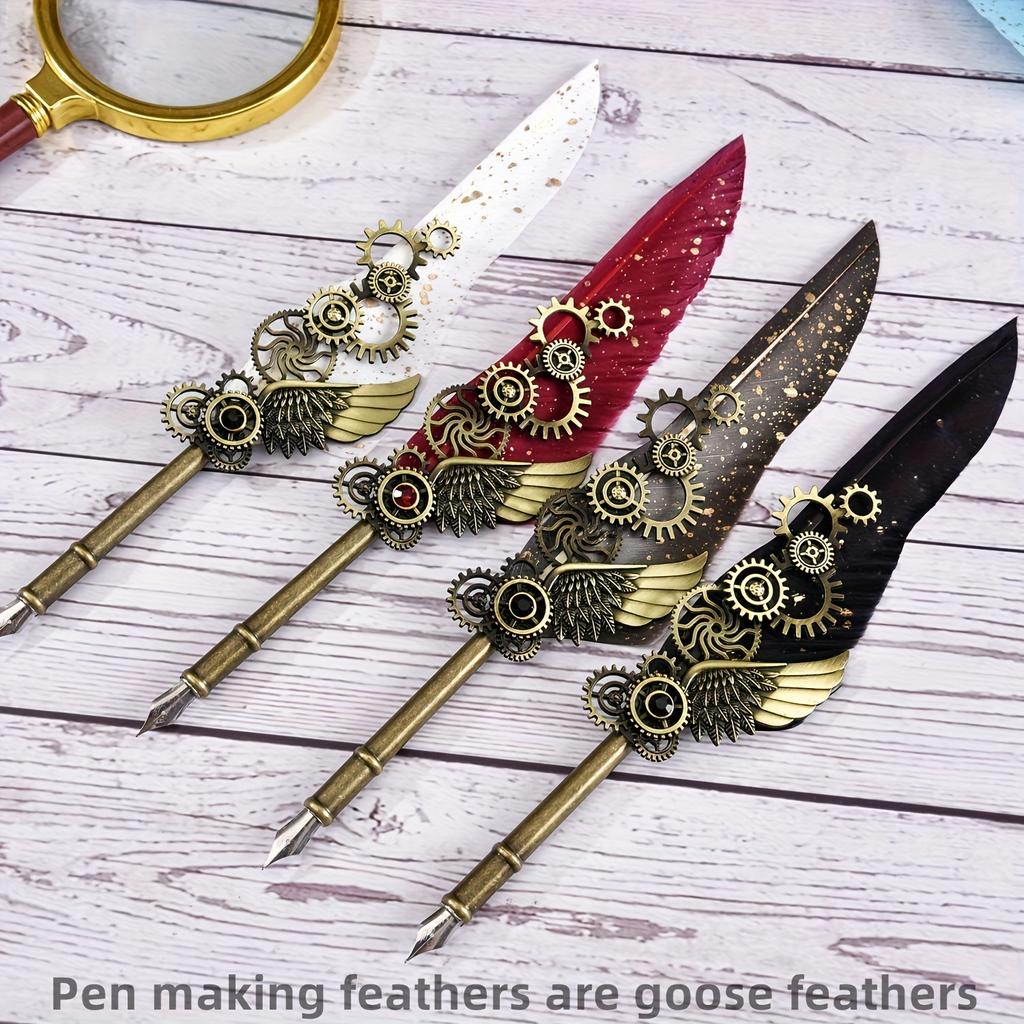Ambidextrous Mechanical Calligraphy Pen with 5 Personalized Metal Tips, Medium Point, Round Body, Decorative European Retro Feather Quill for Beginner