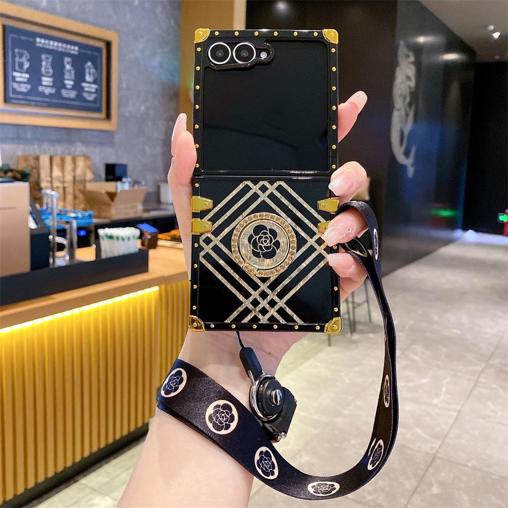 För Samsung Galaxy Z Flip 7 Lanyard Fodral, Ringstativ Plätering Blommigt Fodral för Galaxy Flip 7 Skyddande Coque