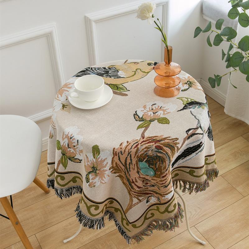 

Сільські Квіти та Птахи Пасторальна Бавовна та Льон Легка Розкіш Мереживна Скатертина Скатертина для Кавового Столика Високоякісна Кругла Скатертина Скатертина Товста 90*90cm