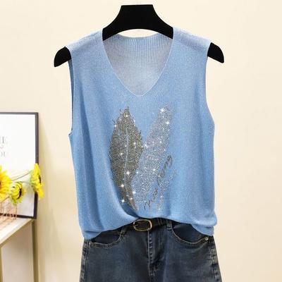 Lockeres Innen Plus Plus Ärmelloses Eisseiden-Stricktop mit Strasssteinen V-Ausschnitt Camisole Damen Sommer