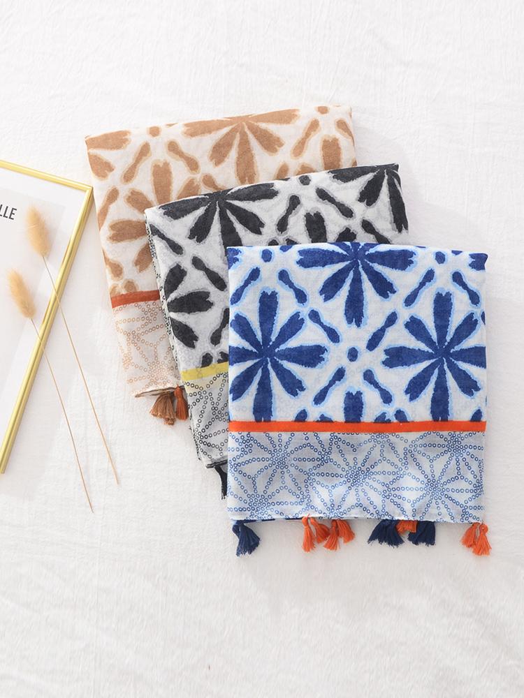 Cotton Linen Women Silk Scarf Floral Print Tassel Beach Shawl Femme Mujer Pareo Muffler Bufandas Stoles Hijab Bandana Summer