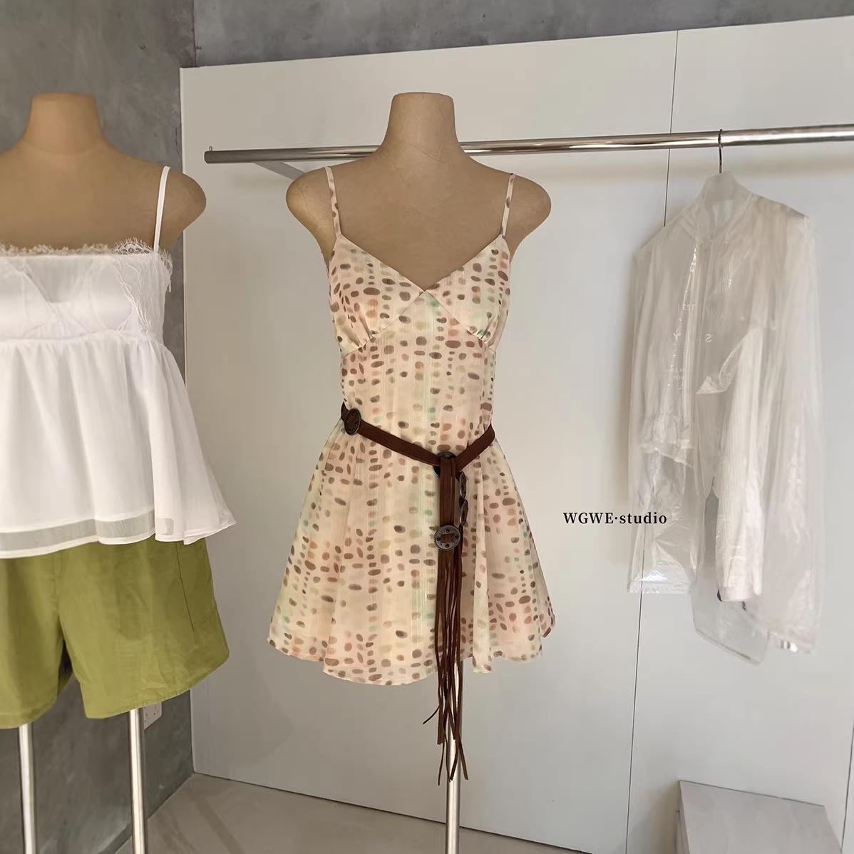 Irregular Polka Dot V-Neck Backless Tie-Up Resort Camisole Dress M - No Return/Exchange