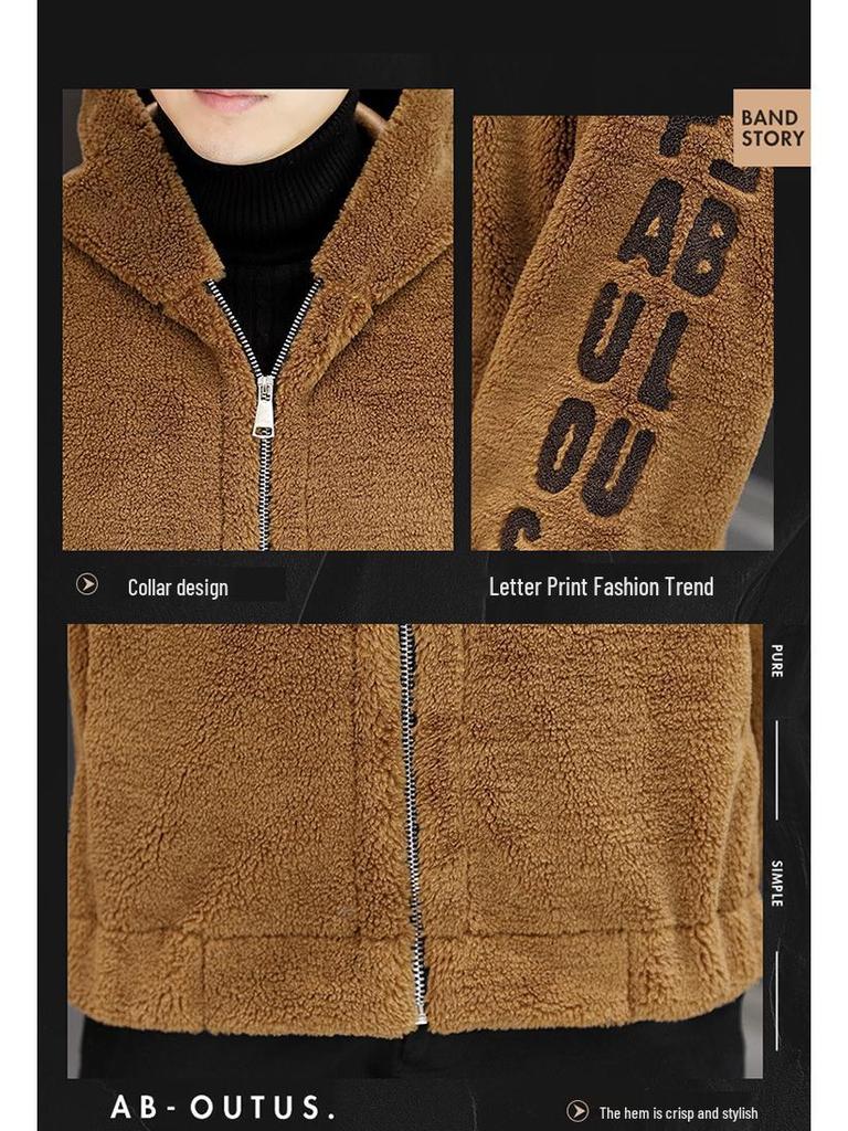 Men's Lambswool Hooded Wool Jacket with Fleece Lining and Embroidered Design