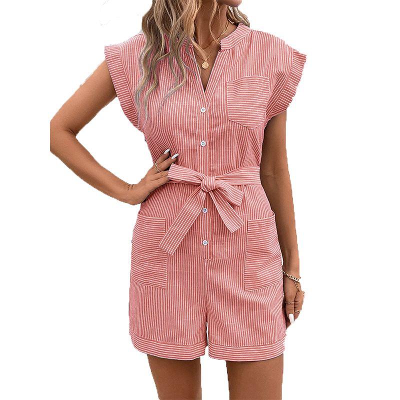 European and American Summer V-neck Single-Breasted Stripe Pocket Age-Reducing Casual Temperament Short Sleeve Jumpsuit Shorts Jumpsuits