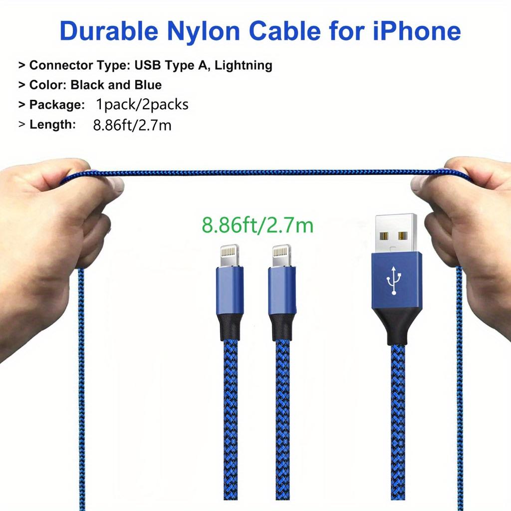 Fast Charge Braiding Cable, 8.86ft Super Long Charging Cable, Blue and Black Woven Outer Quilt, Suitable for Charging for IPhone 5-15 Mobile Phones.