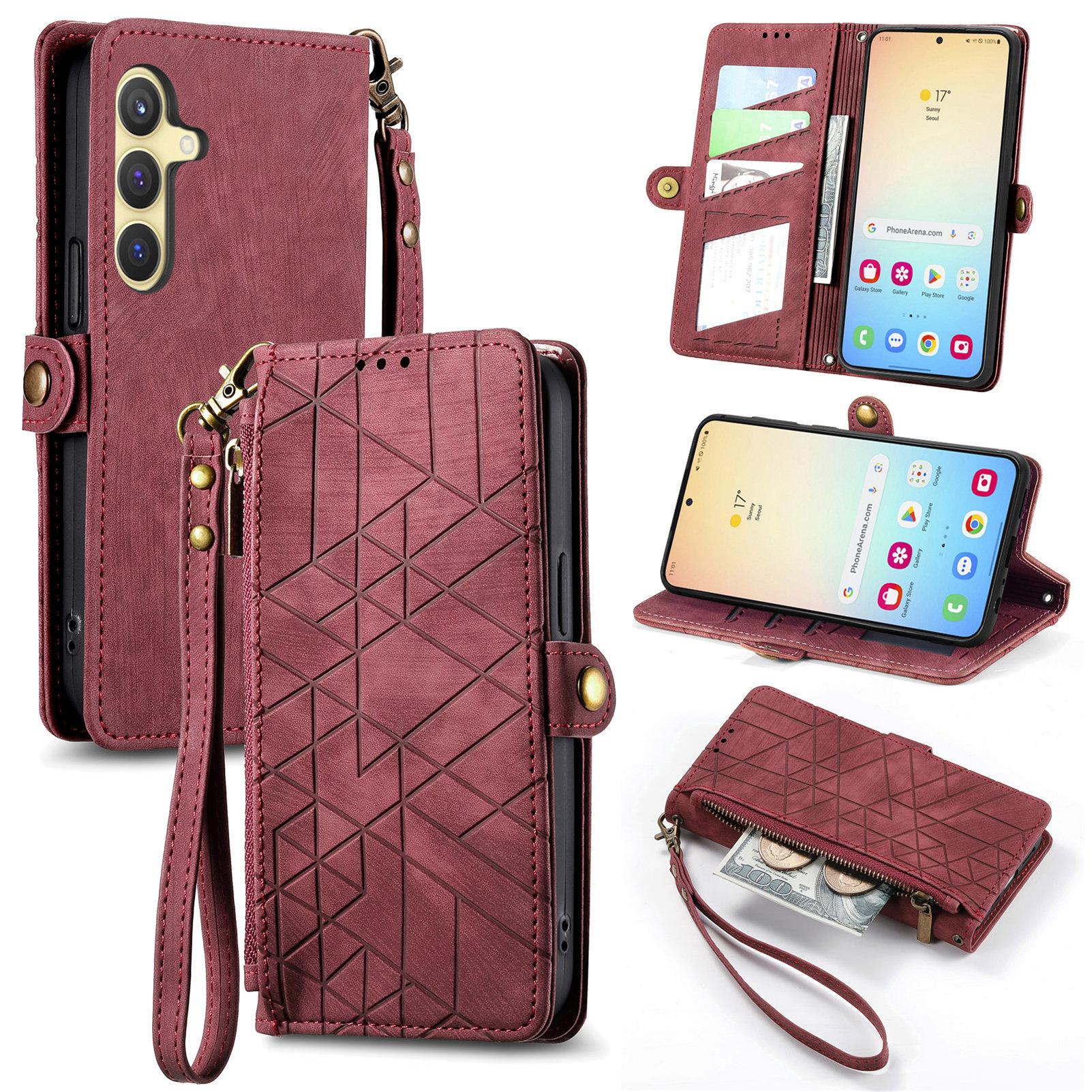 

For Samsung Galaxy S25+ Zipper Wallet Case Geometry Lines Leather Phone Cover with Strap Red