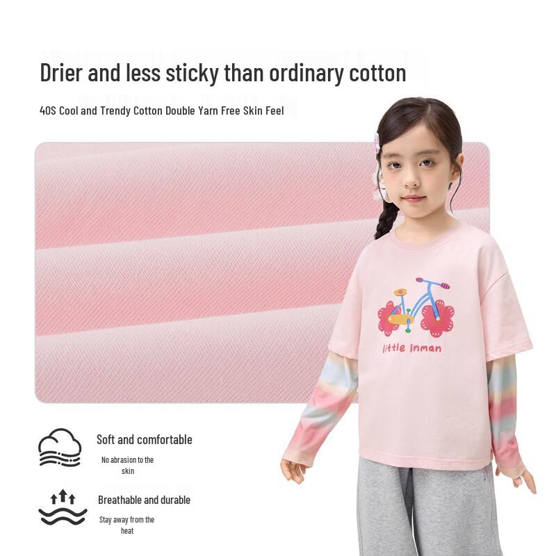 Xiaoyinman Girls' Faux Two-Piece Long-Sleeve Cotton Top