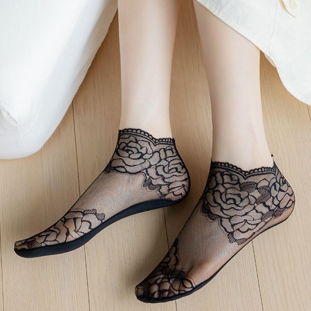 5Pairs Flower Mesh Lace Socks Thin Tube Socks Women Korean Ins Transparent Tulle Socks Girl