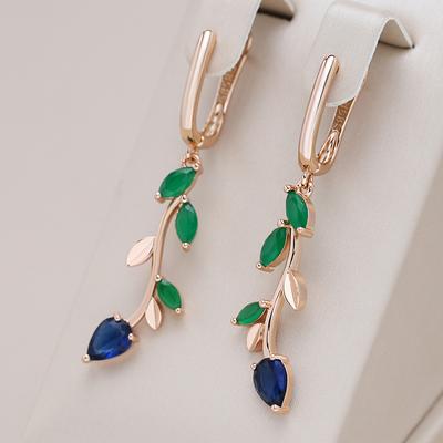 Long Leaf Drop Earrings For Women  Rose Gold With Shiny Green Natural Zircon Accessories Vintage Daily Fine Jewelry
