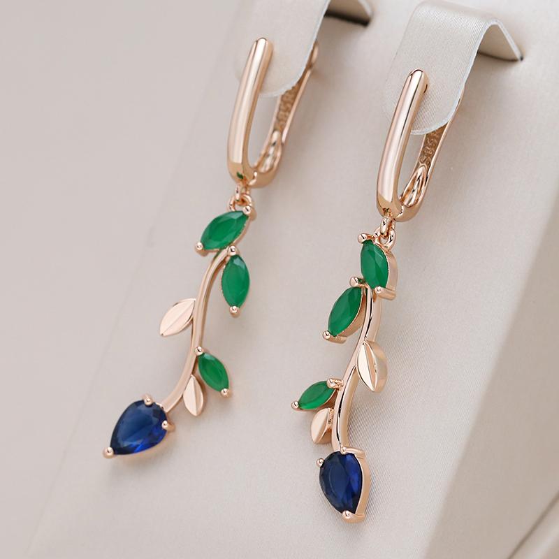 Long Leaf Drop Earrings For Women Rose Gold With Shiny Green Natural Zircon Accessories Vintage Daily Fine Jewelry