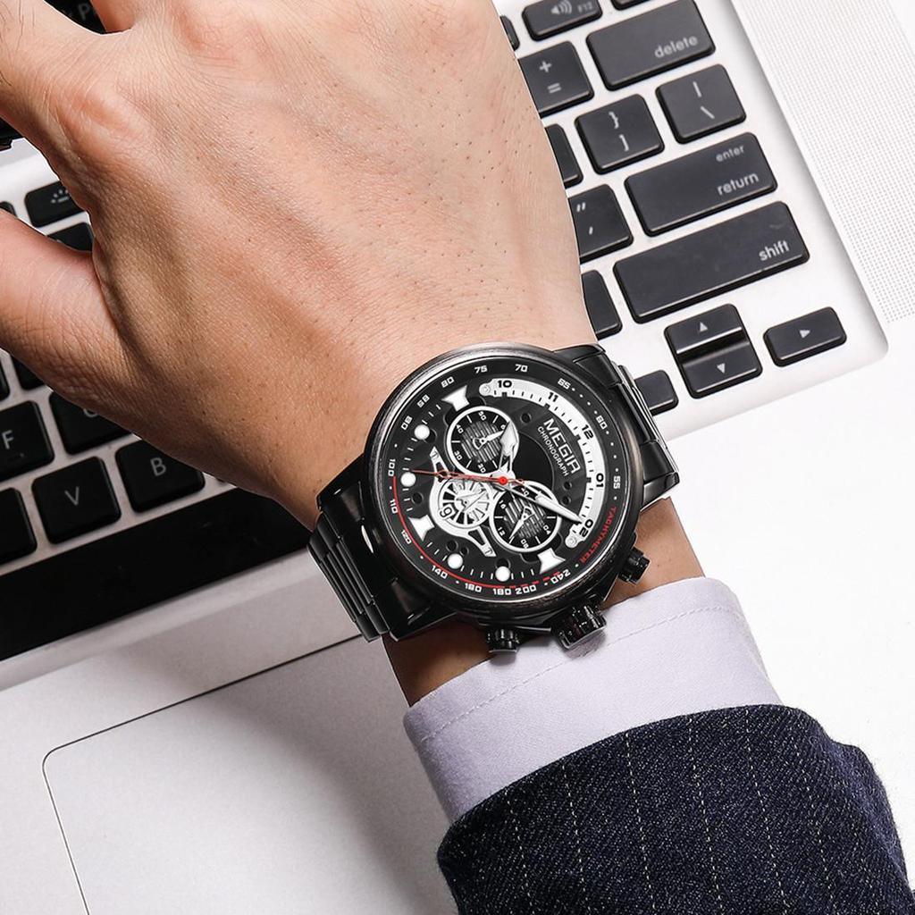 MEGIR 48MM Big Dial Men Watch Luxury Stainless Steel Waterproof Luminous Quartz Chronograph Sport Wristwatch Male Clock Reloj Hombre 2223