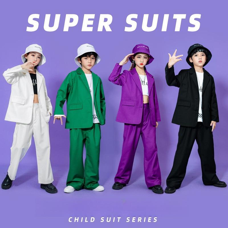 Kids Purple Blazer Suit Set Girls 2Pcs Oversized Blazer & Wide Leg Pants Streetwear Hip Hop Dance Performance Outfit for Stage Show Party