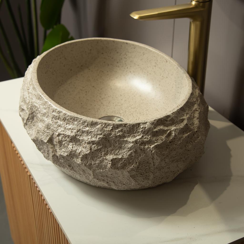 50cm Unregelmäßiges Ovales Harzbecken mit Steinmuster, Künstlerischer Stil, Ohne Armatur, Beige Farbe