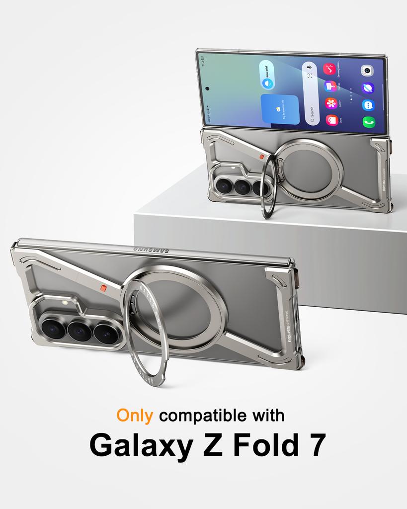 Oatsbasf Metal Minimalist Z Case for Samsung Galaxy Z Fold 7 with 360°Rotation Ring Stand Magnetic Phone Cover Shockproof Bumper