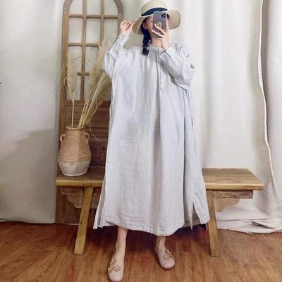 Women Japanese Irregular Loose Dresses Spring Solid Color Vintage Button O-neck Female Dress