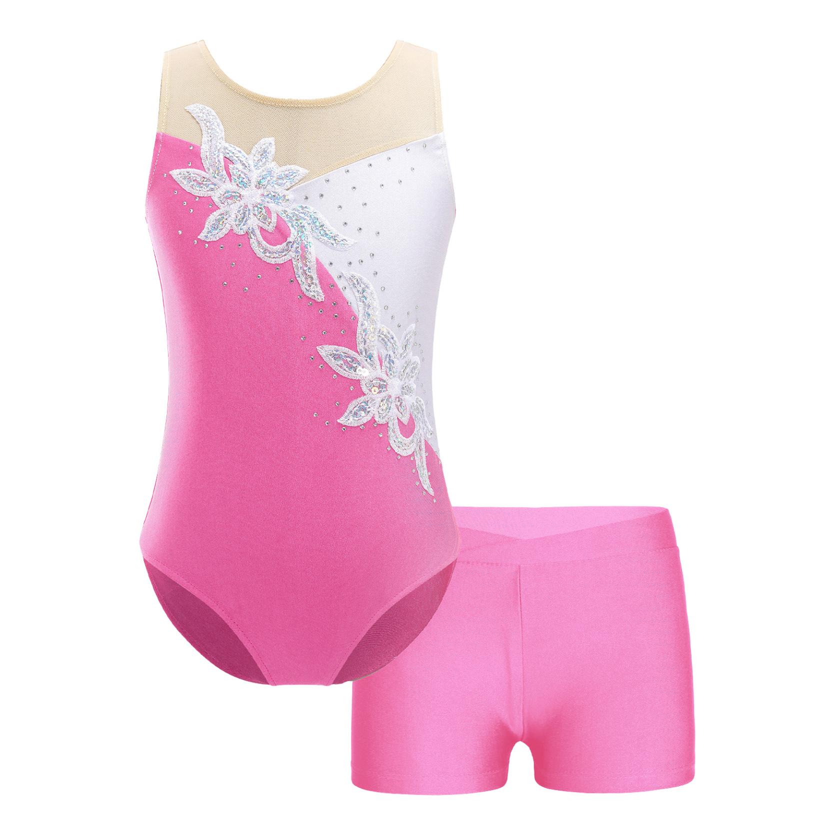 

Детский купальник без рукавов с блестками и шортами для девочек, костюм из 2 предметов для танцев, гимнастики, катания на коньках, танцевальная одежда 9-10 Years розовый