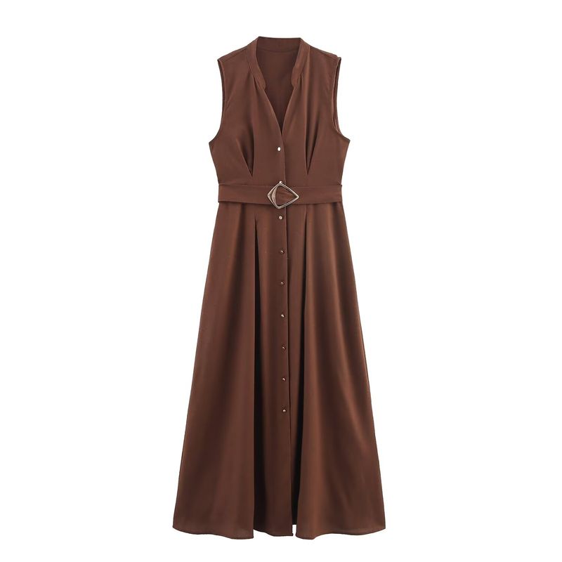 

Kaslead New Women clothes Western Style Fashion Simple Temperament Small V-neck Sleeveless Waist Hugging Dress Image color L