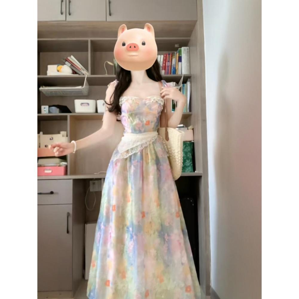 Color tie-dye floral suspender dress women's summer dopamine covering arms  seaside vacation temperament women's long dress