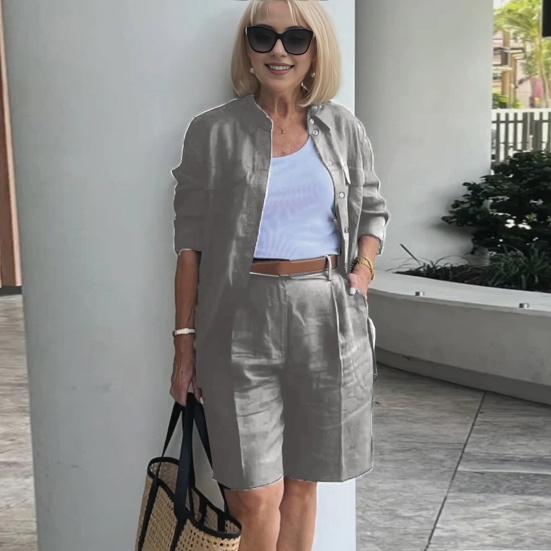 2 Pcs/Set Women Shirt Shorts Set Solid Color Long Sleeves Lapel Blouse