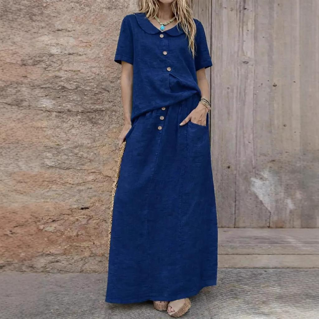 Women's Fashionable Loose-Fit Cotton-Linen Blend Top And Skirt Two-Piece Casual Set