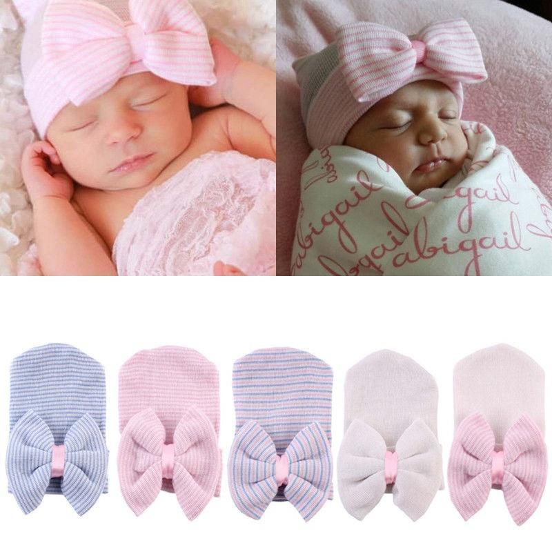 Sweet Baby Newborn Girls Infant Striped Soft Hat With Bow Cap Hospital Newborn