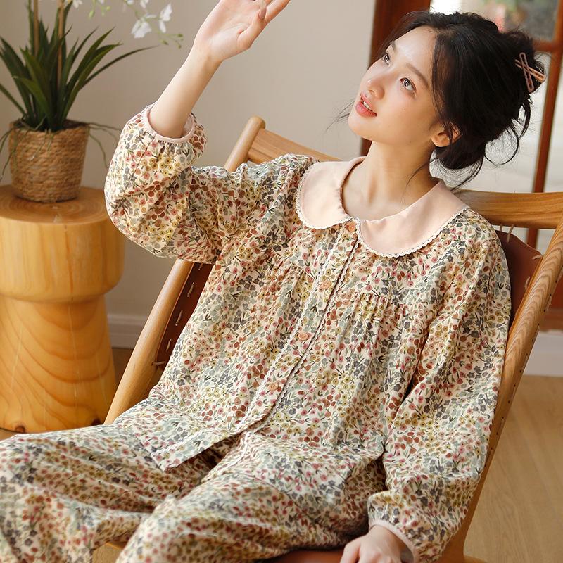 Pure Cotton Pajamas Women's Spring Clothes Sweet Floral Long-sleeved Set Double-layer Cotton Yarn Cute Doll Collar Internet Celebrity Loungewear