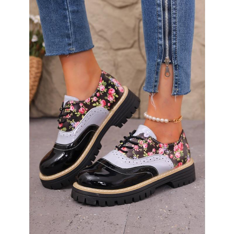 Autumn Printed Low-top Shoes 2025 New Plus-size Lace-up British Style Muffin Small Leather Shoes for Women