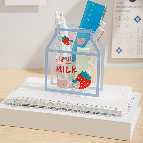 Clear Acrylic Pen Holder Cartoon Milk/Bear Shape Desk Storage Box Makeup Brush Organizer for Home Office School Supplies