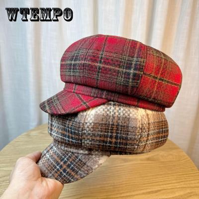 Roter karierter Woll-Achteckhut Damen Herbst und Winter Britische Retro-Baskenmütze Neue Retro-Schiebermütze