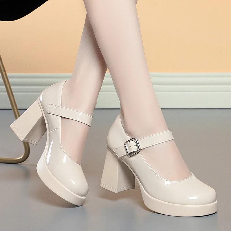 

Модные туфли на высокой платформе для женской моды, с неглубоким вырезом, с пряжкой, на круглом массивном каблуке, туфли Мэри Джейн, новые женские туфли-лодочки весна-лето 34