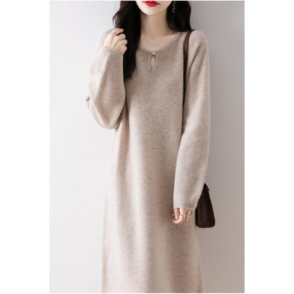 Knitted Straight Dress for Women Long-sleeved Casual Long Sweater Dress Solid Color Round Neck Pullover for Autumn and Winter