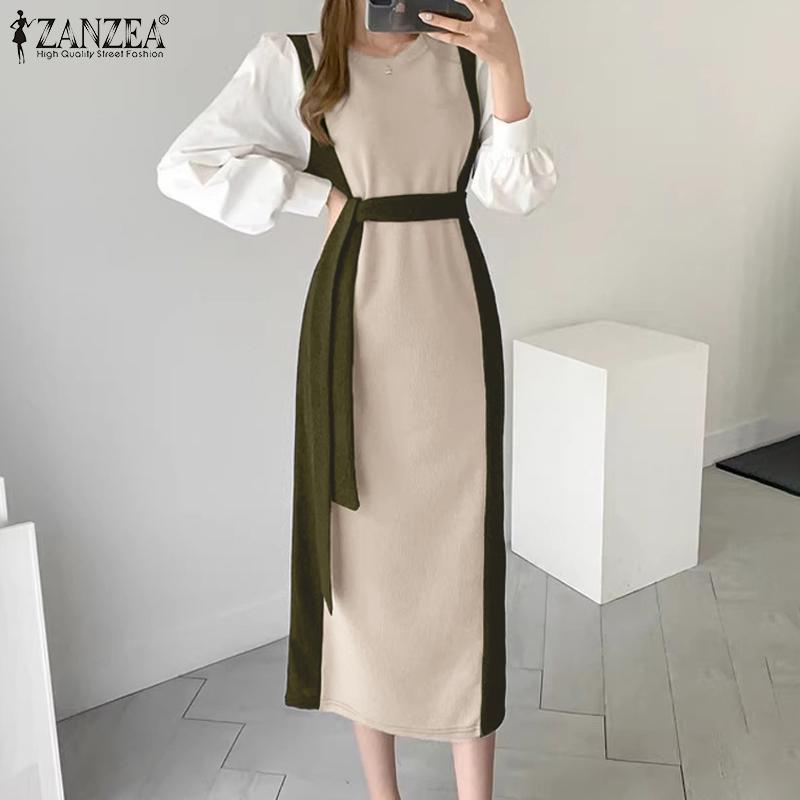 ZANZEA Women Casual Patchwork Long Sleeve Loose Long Dress