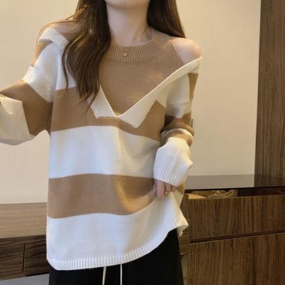 Spring Autumn Loose Stripe Sweater Women Off Shoulder Design Fake Two Piece Pullover Knit Base Layer