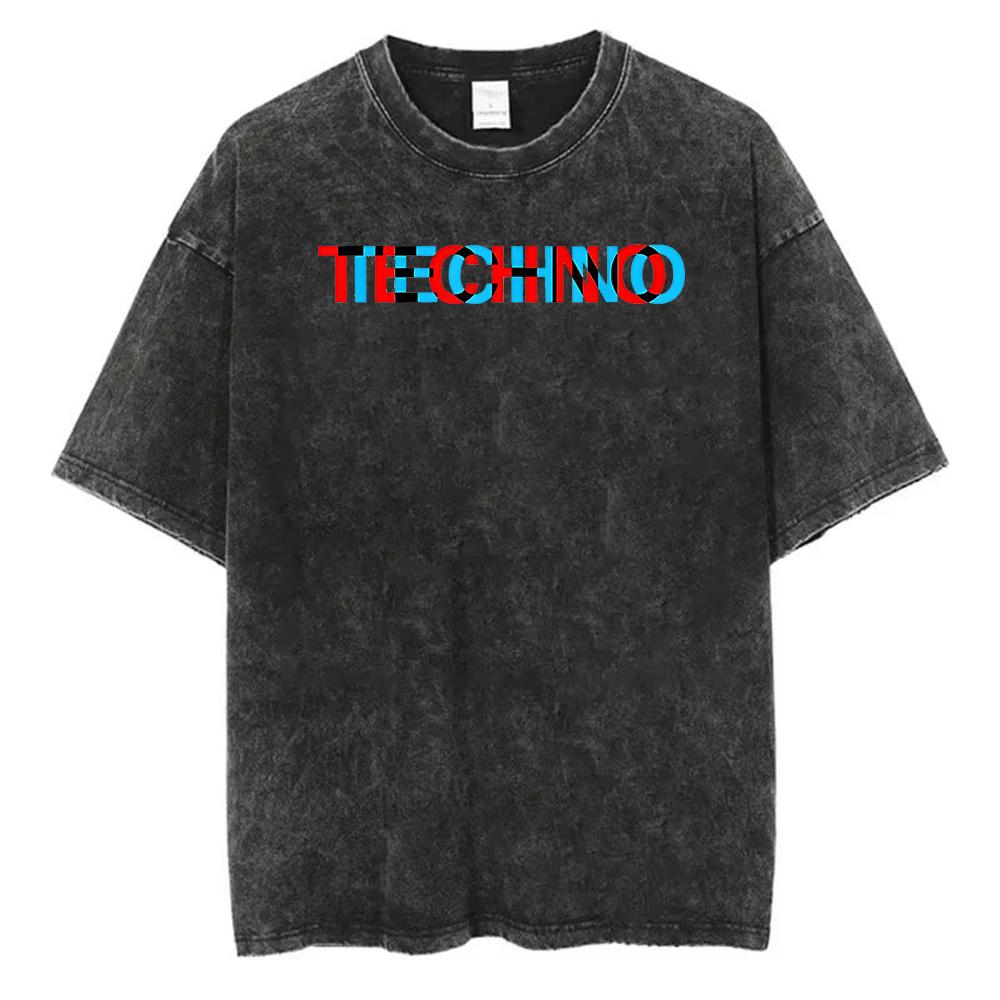 Cool Techno Letter Print TShirt Washed Cotton Short Sleeve Top Retro Acid Wash Printed Tee Summer Loose Fit Streetwear TShirt
