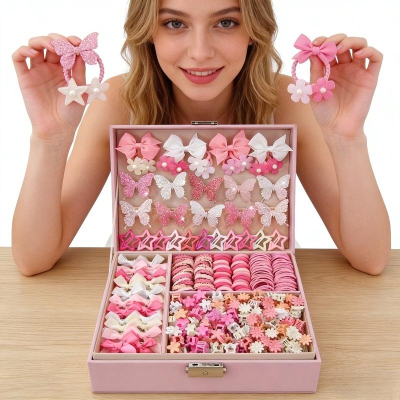 Fashion Hair Accessories Set, Glitter Bow Clips Star Clips Floral Hair Ties Non-Damaging Elastic Bands Tie Clips, High-Value Multi-Purpose Portable