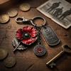 Portachiavi commemorativo in metallo vintage con ciondolo a forma di papavero e targhette incise Lest We Forget Remember the Fallen Accessorio con moschettone a catena