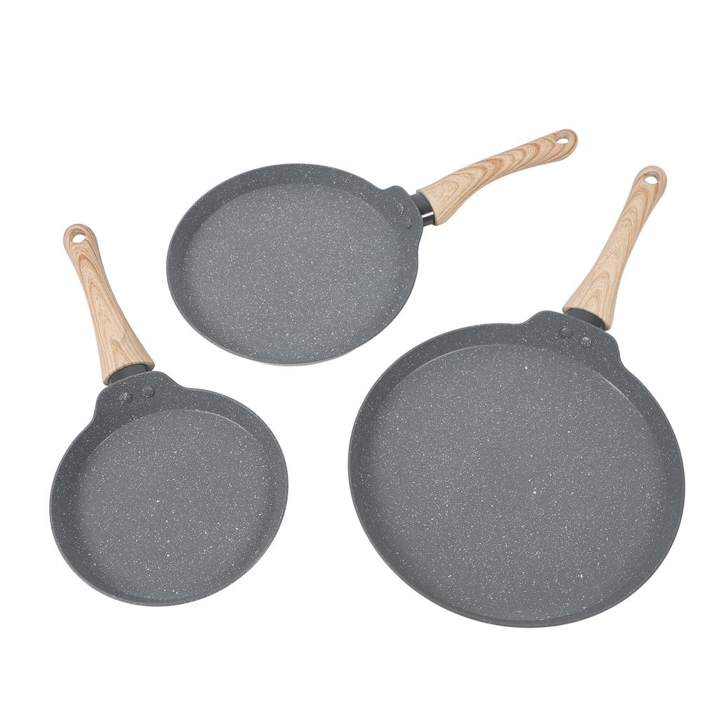 3PCS Frying Pan Set Grey 3 Sizes Multifunctional Maifan Stone Anti Stick with Wooden Handle Pancake 