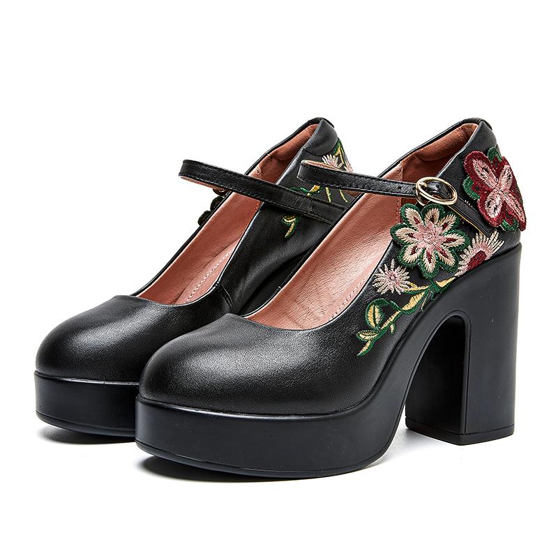 

Модные туфли-лодочки GKTINOO из натуральной кожи Мэри Джейн Женская обувь 2025 Осень Новые Круглый носок Вышивка Высокие каблуки Обувь на платформе 39