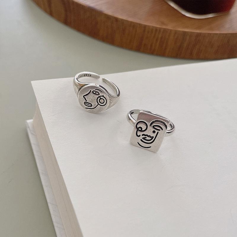 Retro Picasso Human Face Ring For Women 925 Silver Adjustable Open Ring Gothic Jewelry Trendy Unisex Accessories Gift