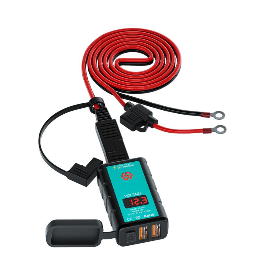 Motorcycle Dual Usb Charger Qc3.0 Fast Charger With Voltmeter Power Switch Integrated Sae Socket 1.4 M Ot Terminal Cable