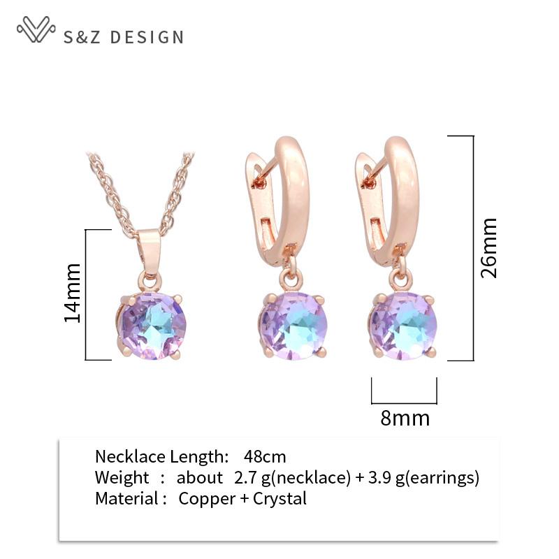 Fashion Rose Gold Color Round Crystal Drop Earrings Pendant Necklace Jewelry Sets For Women Wedding Party Gift